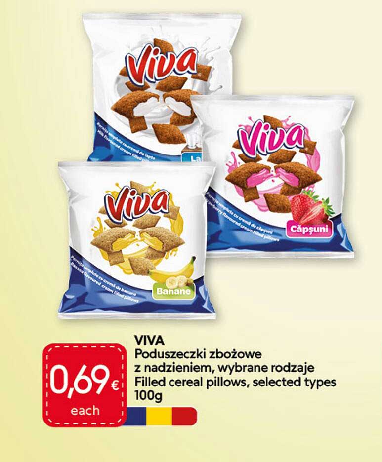 VIVA Poduszeczki zbożowe z nadzieniem, wybrane rodzaje Filled cereal pillows, selected types 100g