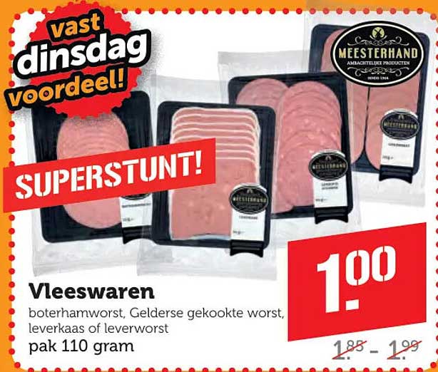 Vleeswaren boterhamworst, Gelderse gekookte worst, leverkaas of leverworst pak 110 gram SUPERSTUNT!