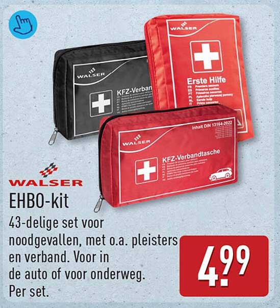 WALSER EHBO-kit 43-delige set voor noodgevallen, met o.a. pleisters en verband. Voor in de auto of voor onderweg. Per set.