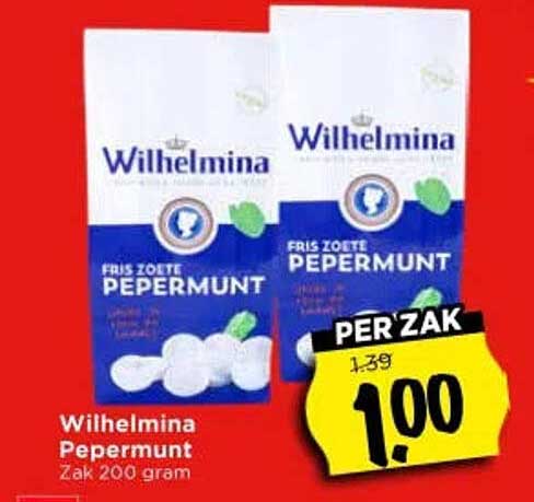 Wilhelmina Pepermunt Zak 200 gram PER ZAK