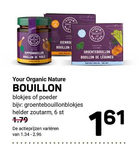 Your Organic Nature BOUILLON blokjes of poeder bijv: groentebouillonblokjes helder zoutarm, 6 st
