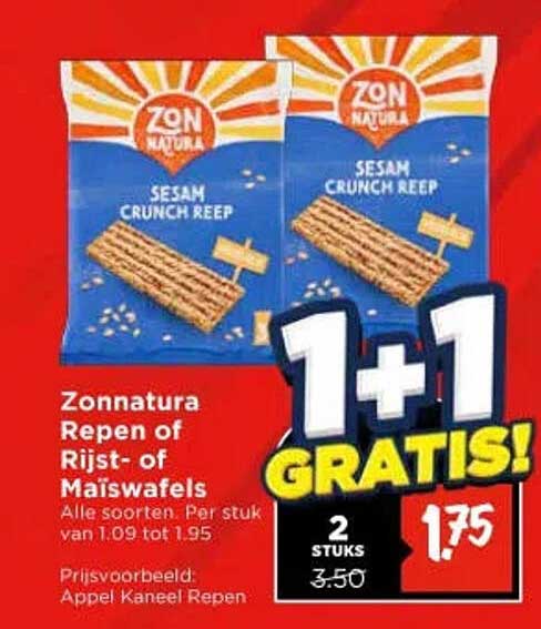 Zonnatura Repen of Rijst- of Maiswafels 1+1 GRATIS!