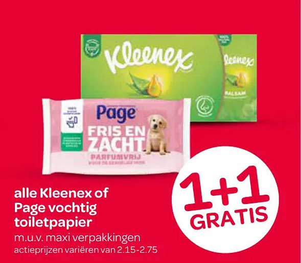 alle Kleenex of Page vochtigt toiletpapier 1+1 GRATIS