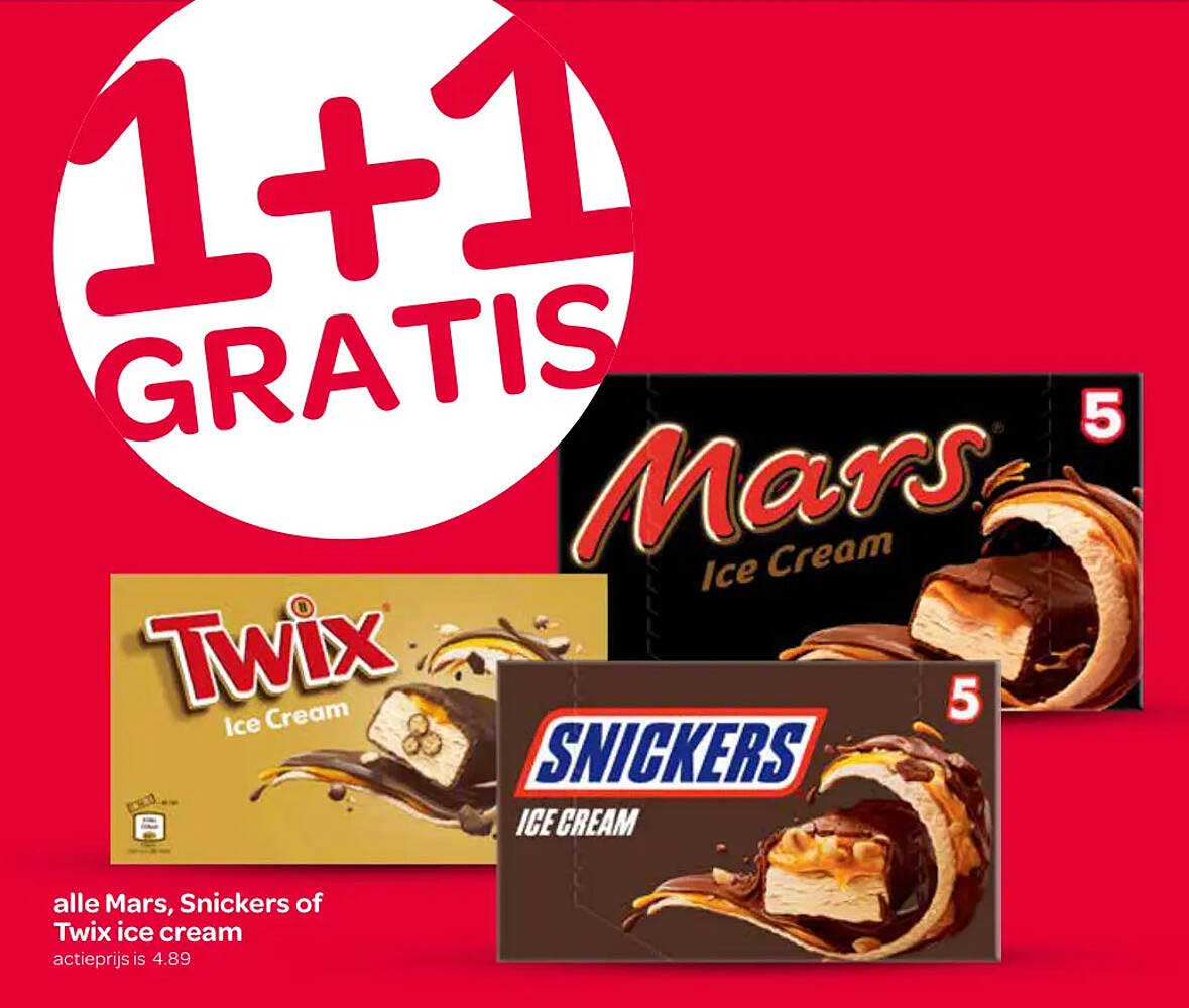 alle Mars, Snickers of Twix ice cream 1+1 GRATIS