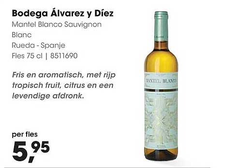 Bodega Álvarez y Díez Mantel Blanco Sauvignon Blanc Rueda - Spanje Fles 75 cl 8511690