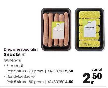 Diepvriesspecialist Snacks Glutenvrij - Frikandel Pak 5 stuks - 70 gram | 41430940 2,50 - Rundvleeskroket Pak 5 stuks - 80 gram | 41430950 4,50