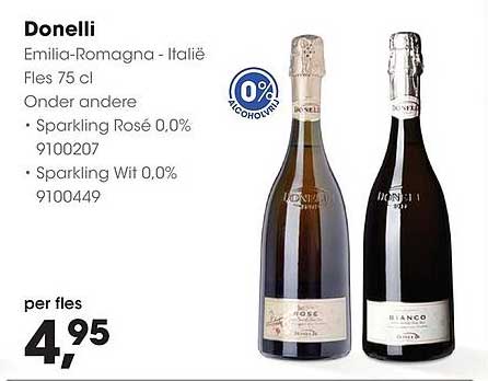Donelli Emilia-Romagna - Italië Fles 75 cl Onder andere Sparkling Rosé 0,0% 9100207 Sparkling Wit 0,0% 9100449