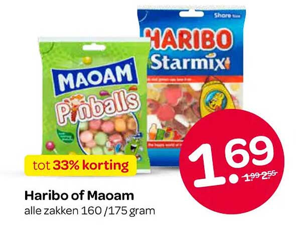 Haribo of Maoam alle zakken 160/175 gram tot 33% korting