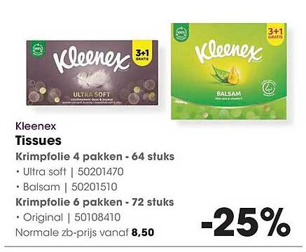 Kleenex Tissues Krimpfolie 4 pakken - 64 stuks -25%