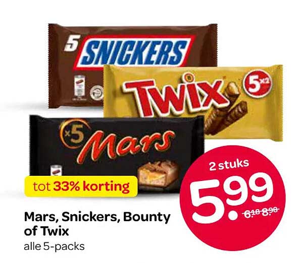 Mars, Snickers, Bounty of Twix alle 5-packs tot 33% korting