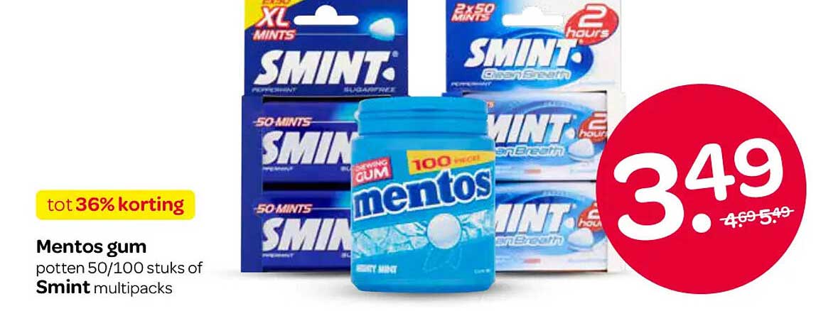 Mentos gum potten 50/100 stuks of Smint multipacks tot 36% korting