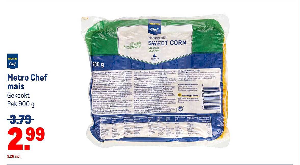 Metro Chef mais Gekookt Pak 900 g