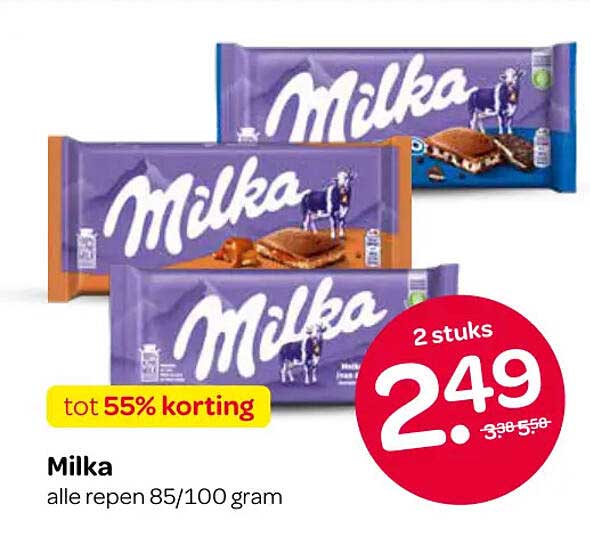 Milka alle repen 85/100 gram tot 55% korting