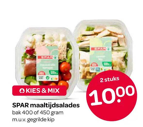 SPAR maaltijdsalades bak 400 of 450 gram m.u.v. gegrilde kip KIES & MIX