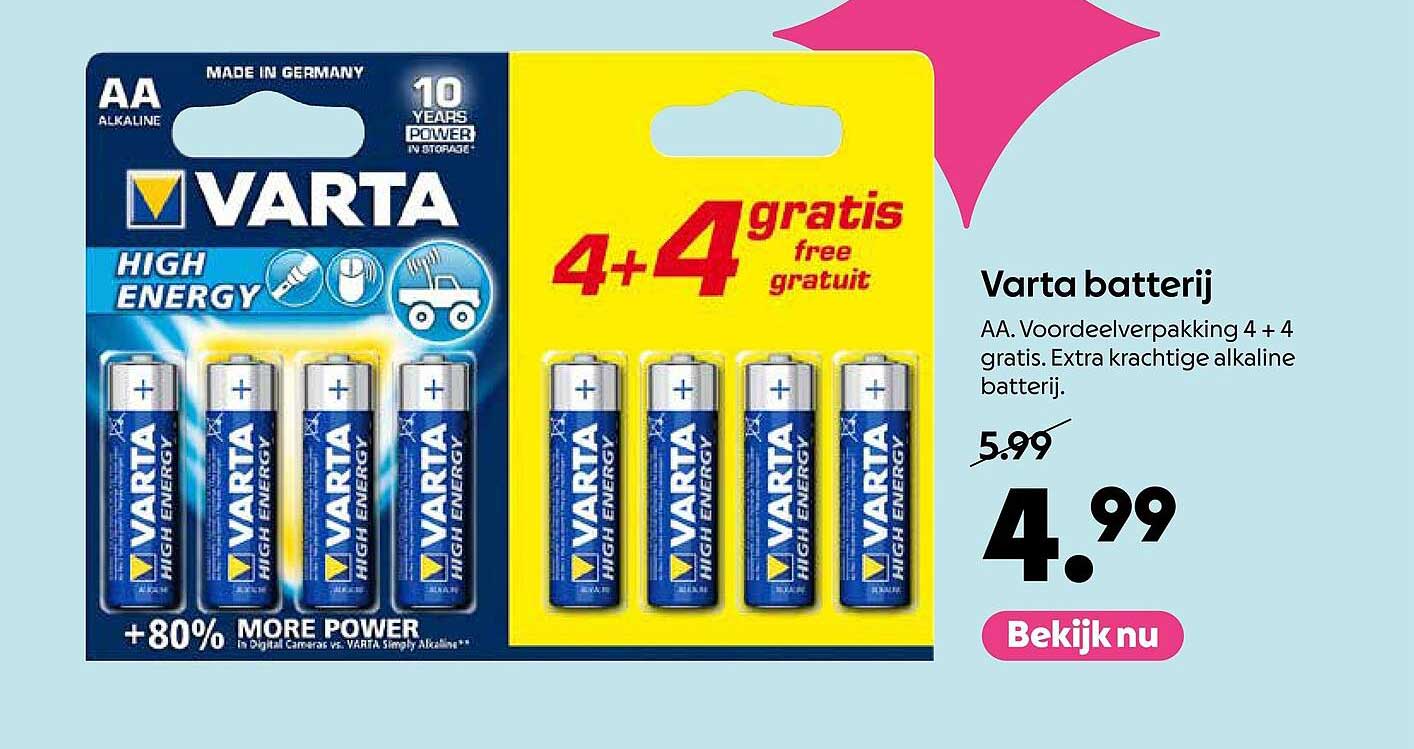 Varta batterij AA. Voordeelverpakking 4 + 4 gratis. Extra krachtige alkaline batterij. 4+4 gratis