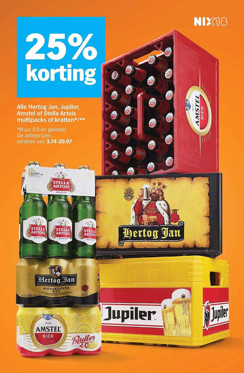25% korting Alle Hertog Jan, Jupiler, Amstel of Stella Artois multipacks of kratten*/**