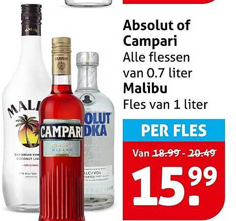 Absolut of Campari Alle flessen van 0.7 liter Malibu Fles van 1 liter PER FLES