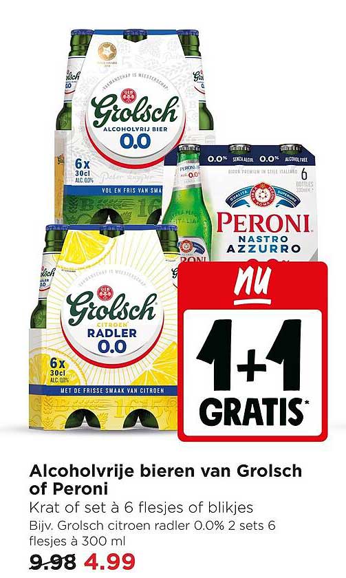 Alcoholvrije bieren van Grolsch of Peroni 1+1 gratis