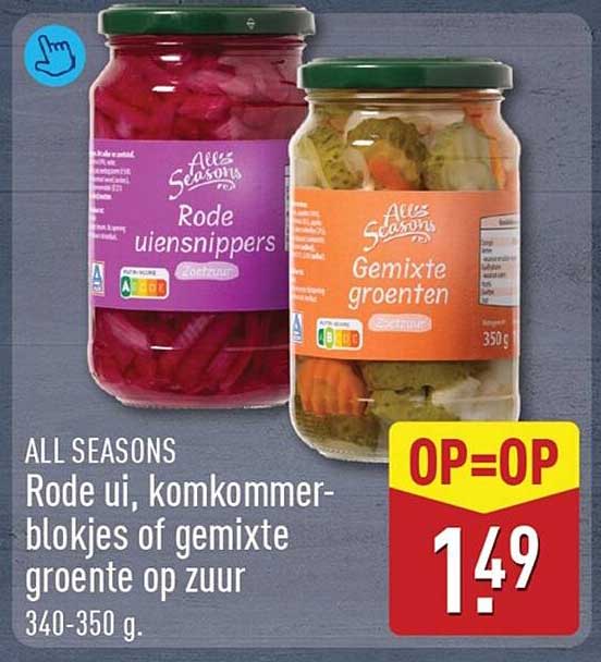 ALL SEASONS Rode ui, komkommerblokjes of gemixte groente op zuur 340-350 g. OP=OP