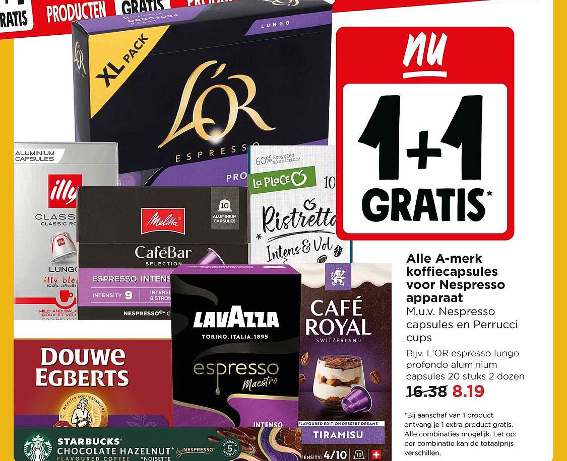 Alle A-merk koffiecapsules voor Nespresso apparaat 1+1 gratis