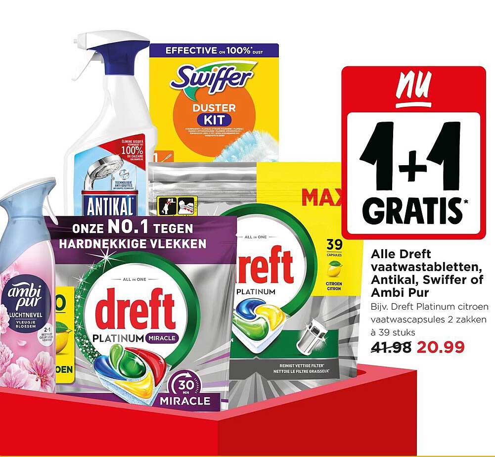 Alle Dreft vaatwastabletten, Antikal, Swiffer of Ambi Pur 1+1 gratis