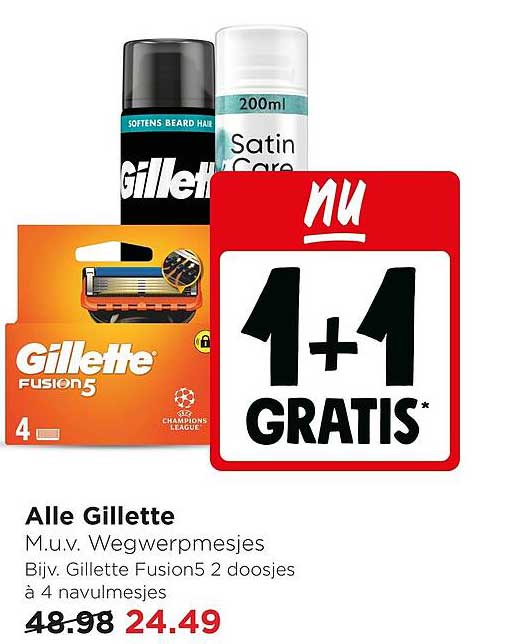 Alle Gillette M.u.v. Wegwerpsmesjes Bijv. Gillette Fusion5 2 doosjes à 4 navulmesjes 1+1 GRATIS