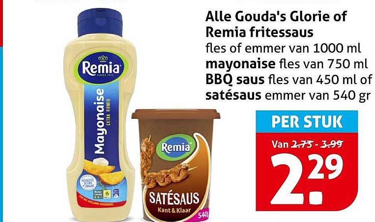 Alle Gouda's Glorie of Remia fritessaus fles of emmer van 1000 ml mayonaise fles van 750 ml BBQ saus fles van 450 ml of satésaus emmer van 540 gr