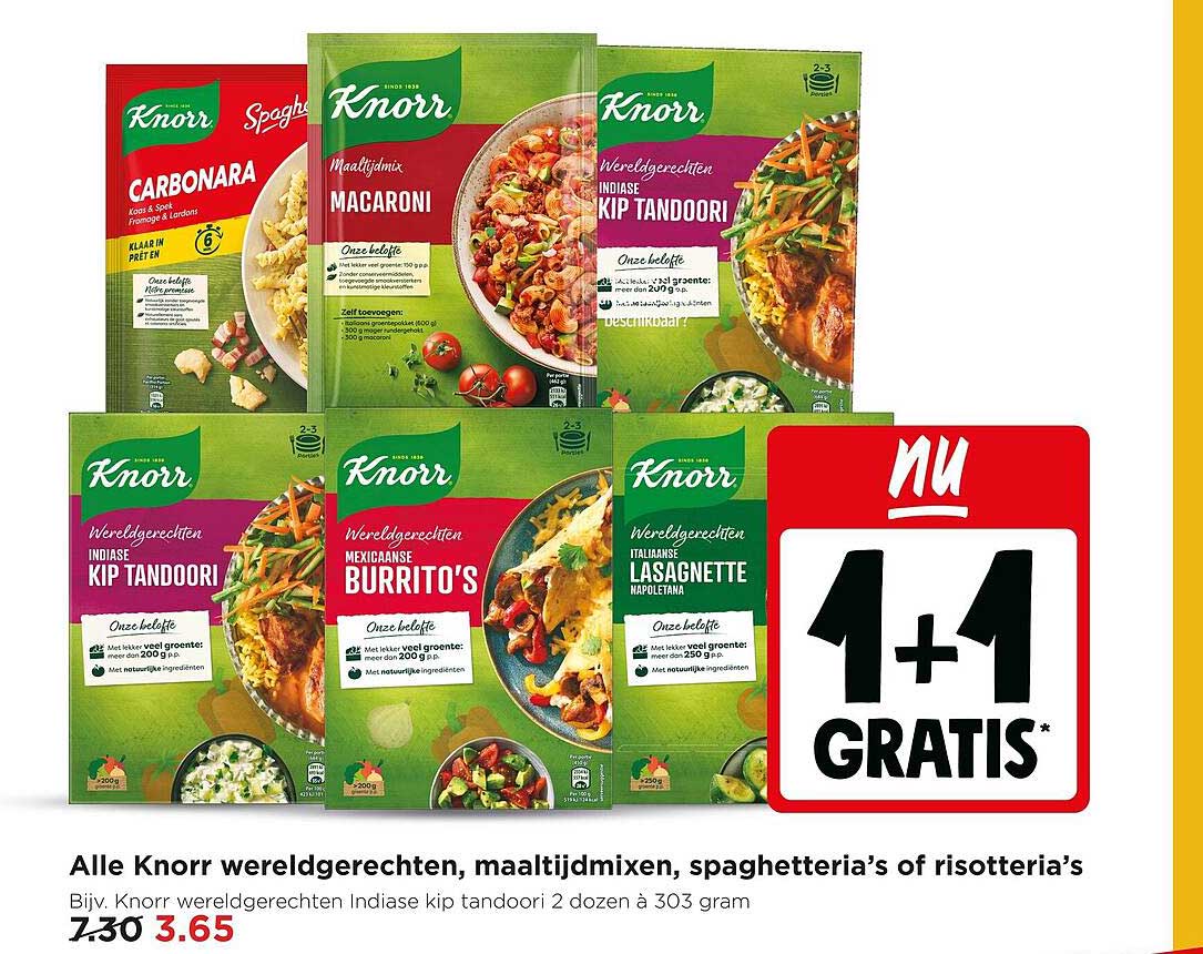 Alle Knorr wereldgerechten, maaltijdmixen, spaghetti’s of risotto’s 1+1 gratis