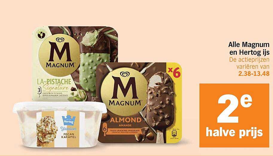 Alle Magnum en Hertog ijs 2e halve prijs