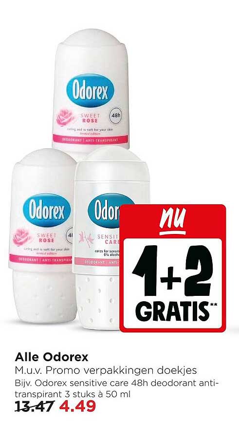 Alle Odorex M.u.v. Promo verpakkingen doekjes Bijv. Odorex sensitive care 48h deodorant anti-transpirant 3 stuks à 50 ml 1+2 GRATIS**