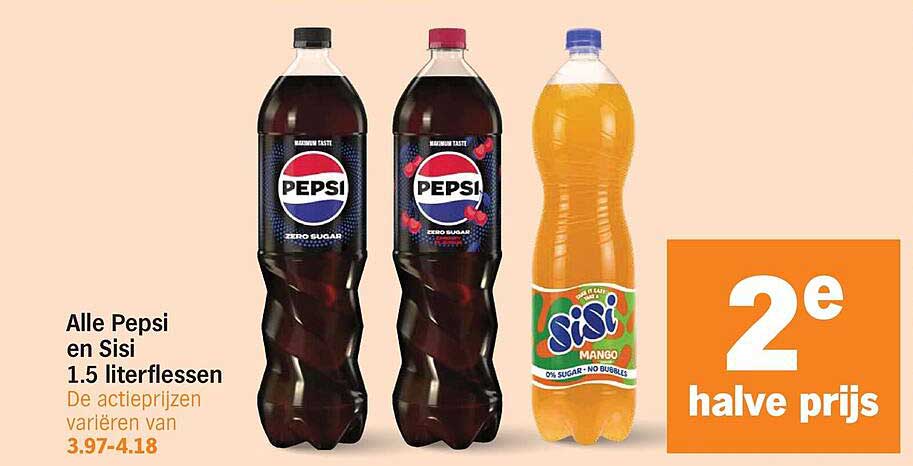 Alle Pepsi en Sisi 1.5 literflessen 2e halve prijs