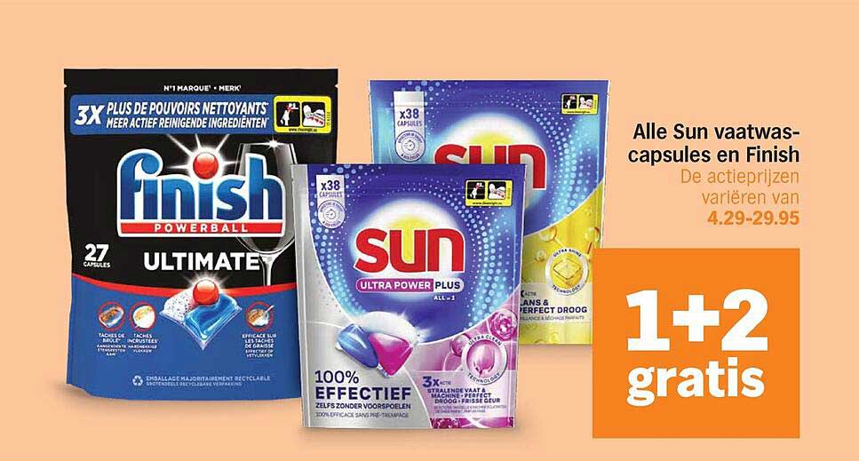 Alle Sun vaatwascapsules en Finish 1+2 gratis