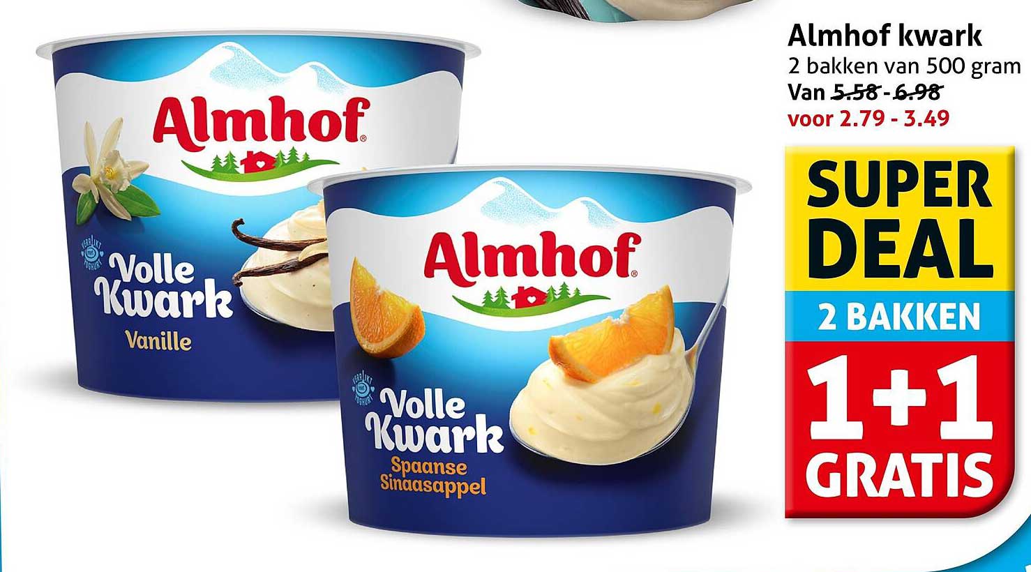 Almhof kwark 2 bakken van 500 gram 1+1 gratis