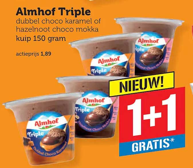 Almhof Triple dubbel choco karamel of hazelnoot choco mokka kuip 150 gram 1+1 GRATIS