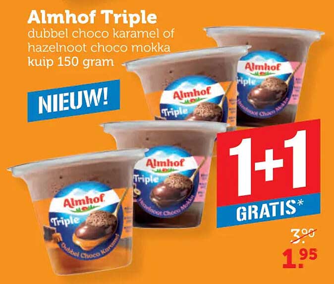 Almhof Triple dubbel choco karamel of hazelnoot choco mokka kuip 150 gram 1+1 gratis