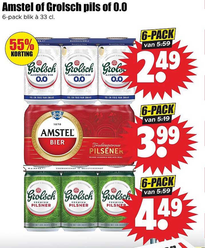 Amstel of Grolsch pils of 0.0 6-pack blik à 33 cl. 55% korting