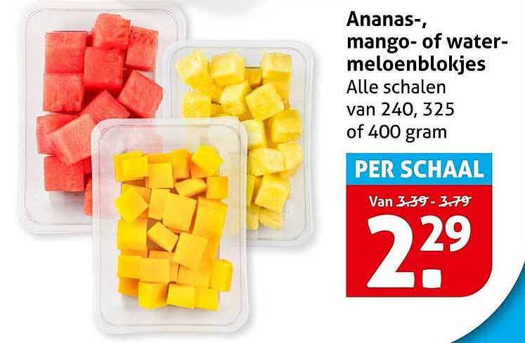 Ananas-, mango- of watermeloenblokjes