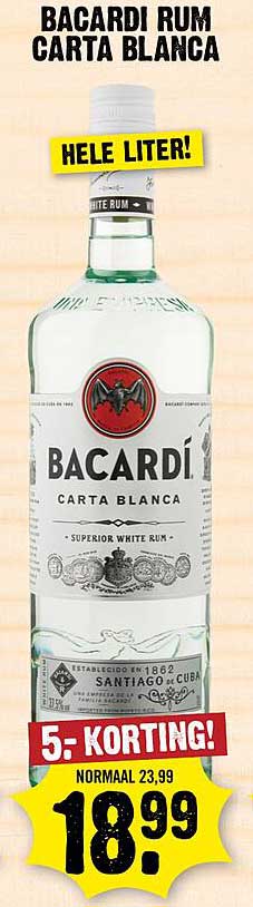 BACARDI RUM CARTA BLANCA HELE LITER! 5.- KORTING!