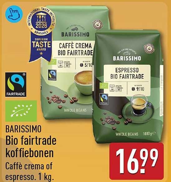 BARISSIMO Bio fairtrade koffiebonen Caffè crema of espresso, 1 kg.