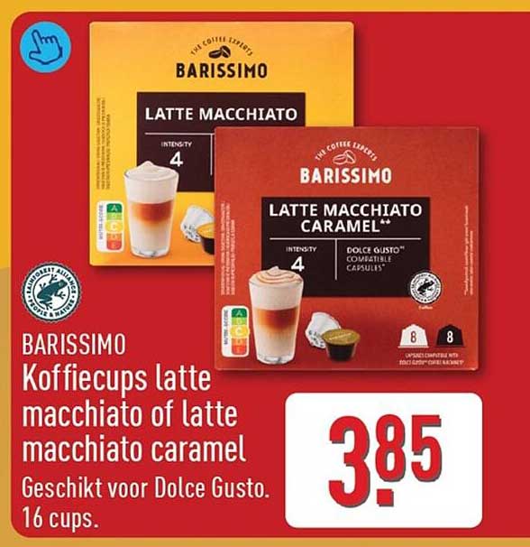 BARISSIMO Koffiecups latte macchiato of latte macchiato caramel Geschikt voor Dolce Gusto. 16 cups.
