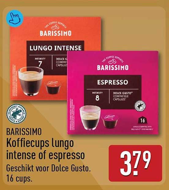 BARISSIMO Koffiecups lungo intense of espresso Geschikt voor Dolce Gusto. 16 cups.