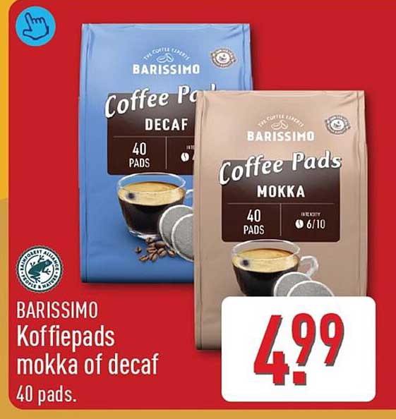 BARISSIMO Koffiepads mokka of decaf 40 pads.