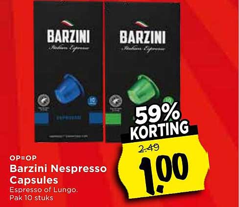 Barzini Nespresso Capsules Espresso of Lungo. Pak 10 stuks 59% KORTING