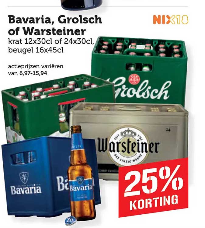 Bavaria, Grolsch of Warsteiner krat 12x30cl of 24x30cl, beugel 16x45cl 25% KORTING