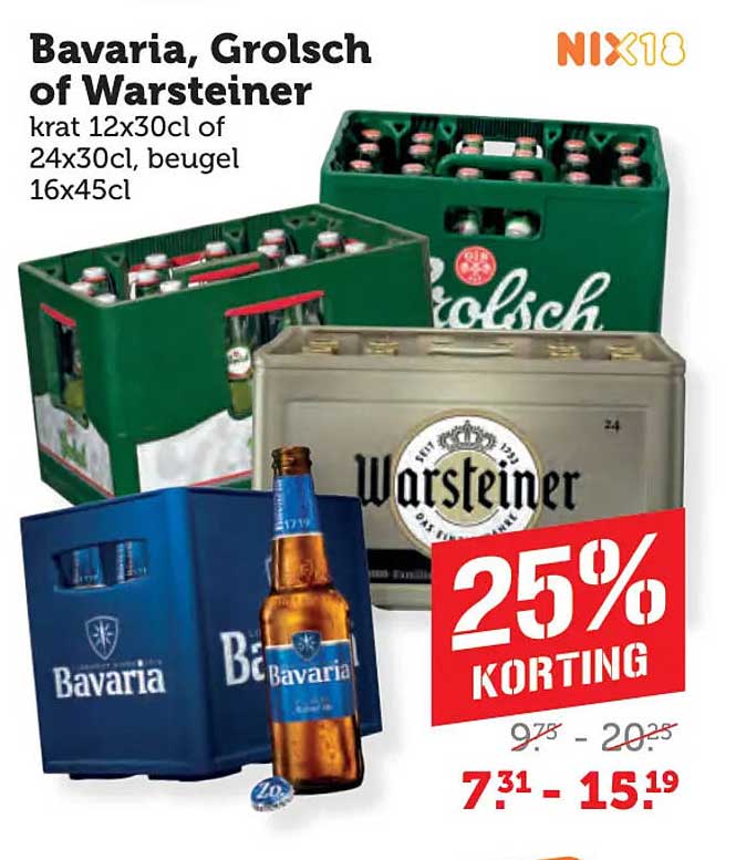 Bavaria, Grolsch of Warsteiner krat 12x30cl of 24x30cl, beugel 16x45cl 25% KORTING