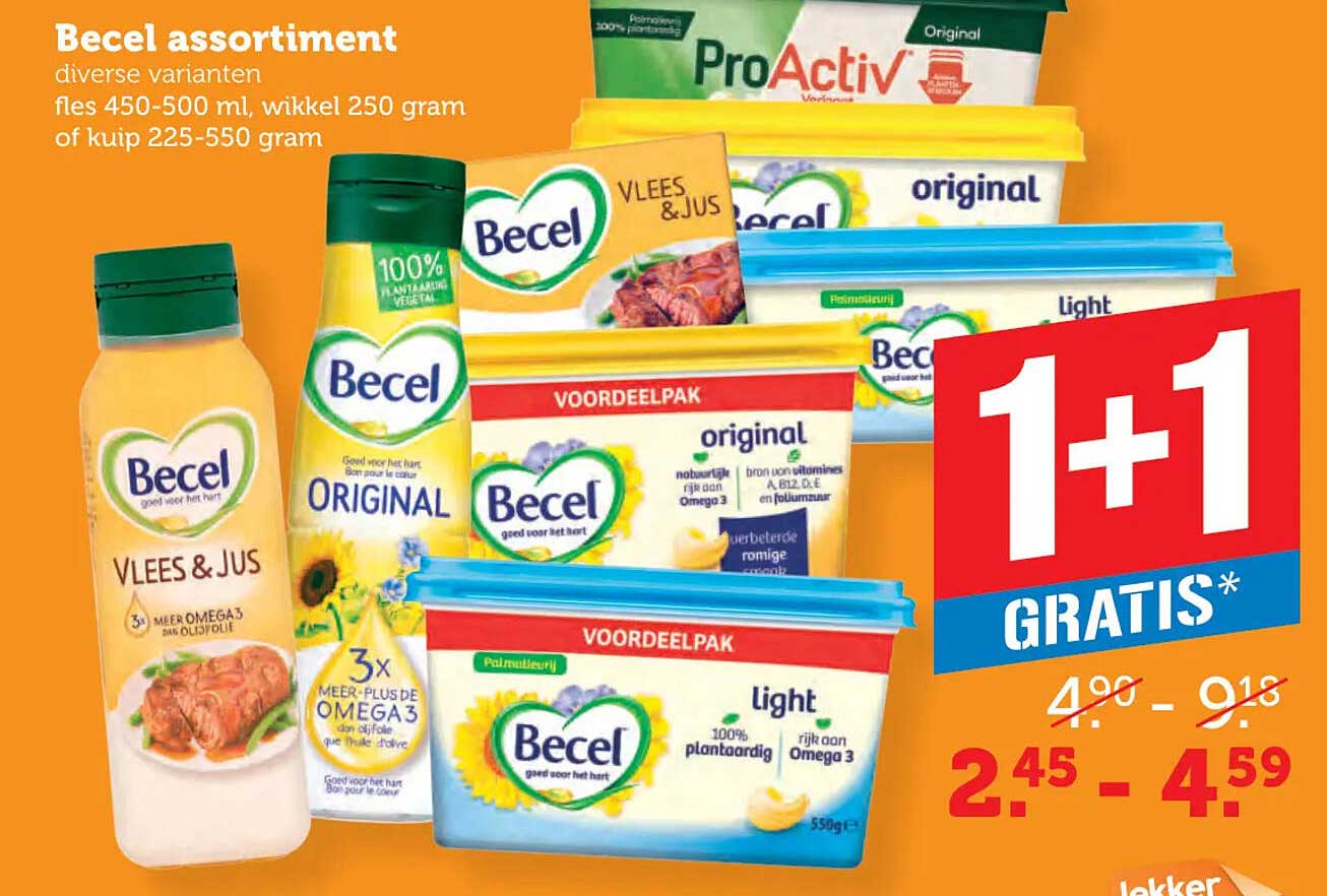 Becel assortiment diverse varianten fles 450-500 ml, wikkel 250 gram of kuip 225-550 gram 1+1 gratis