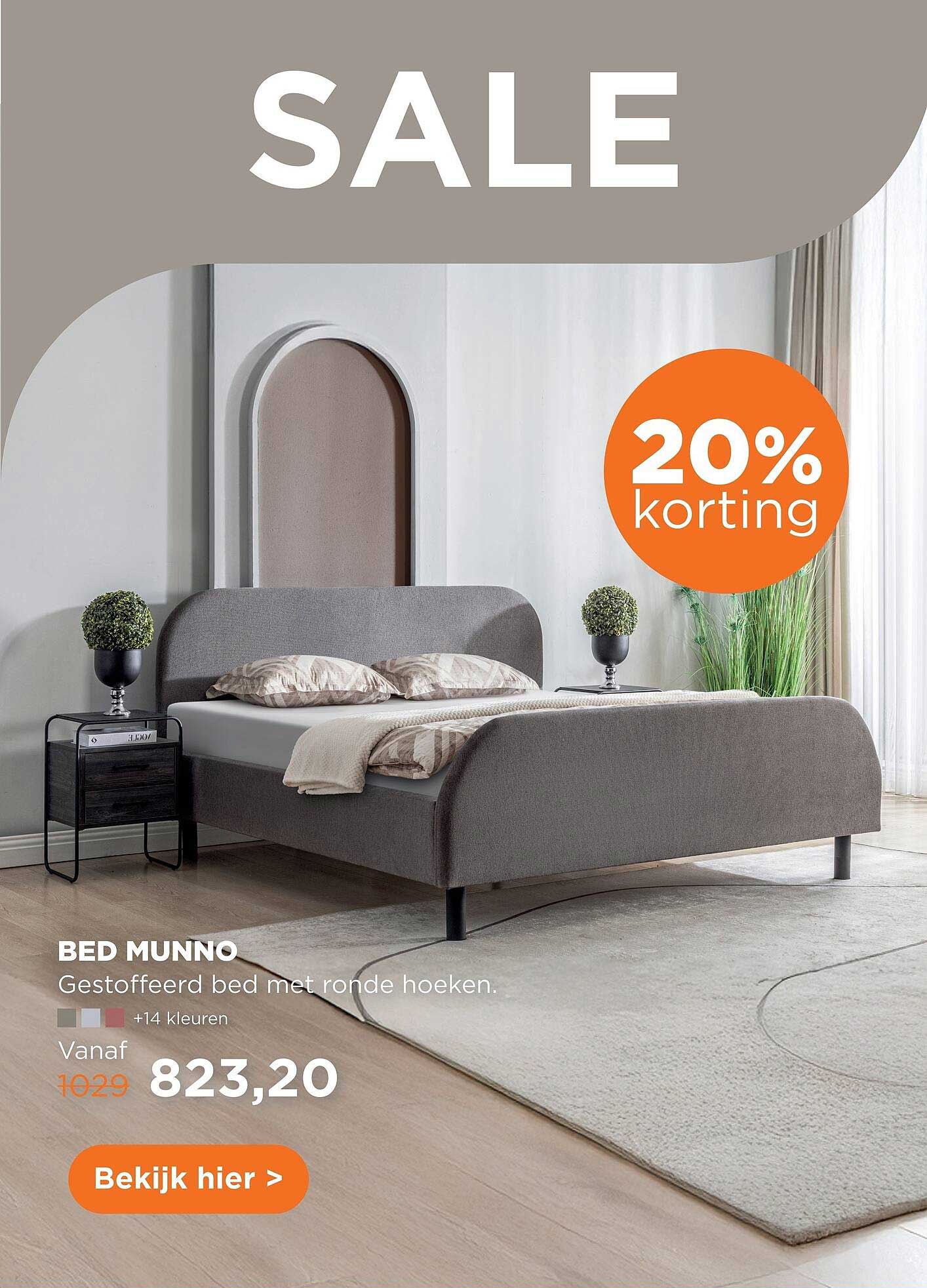 BED MUNNO - Gestoffeerd bed met ronde hoeken. 20% korting