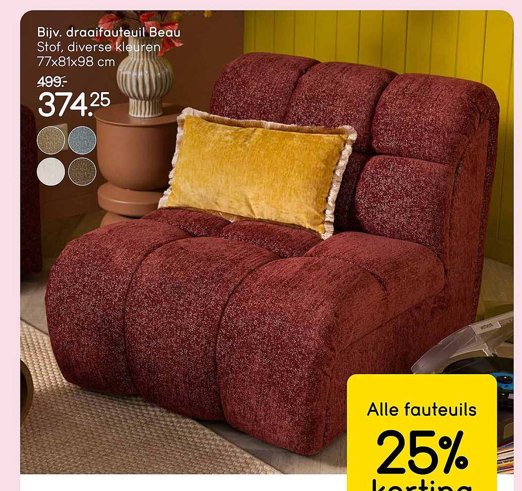 Bijv. draaifauteuil Beau Stof, diverse kleuren 77x81x98 cm