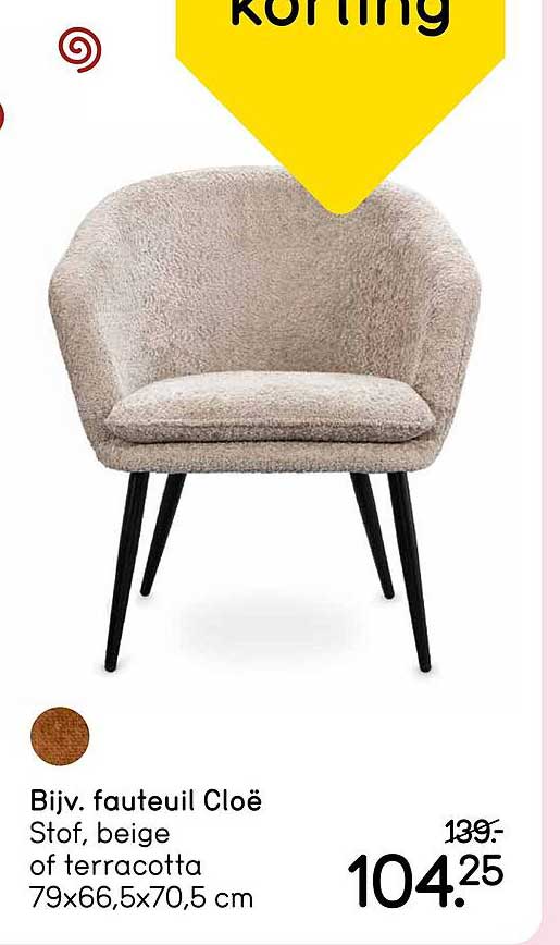 Bijv. fauteuil Cloë Stof, beige of terracotta 79x66,5x70,5 cm