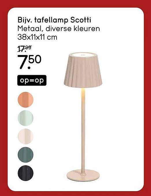 Biv. tafellamp Scotti Metaal, diverse kleuren 38x11x11 cm op=op